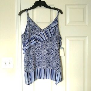 Skye's the limit women's floral v neck ruffle White Blue tank top. Summer, Beach